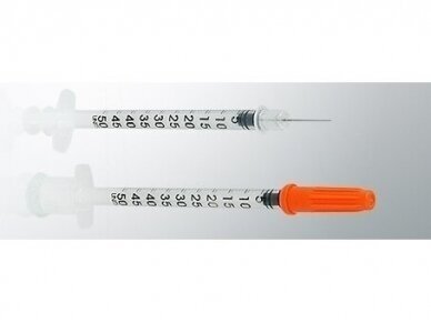 0,10 EUR par 1 gab. pasūtot 100 gab. Insulīna šļirce 0,5 ml sterils U-100 ar integrētu 31G x 8 mm adatu