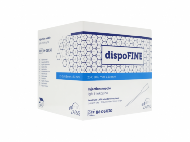 DISPOFINE vienreizējās lietošanas adata 23G x 30 mm 100 gab. DISPOFINE vienreizējās lietošanas adata 23G x 30 mm 100 gab.