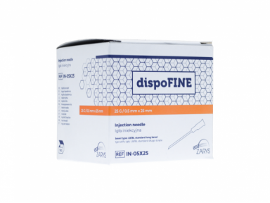 DISPOFINE vienreizējās lietošanas adata 25G x 25 mm 100 gab. DISPOFINE vienreizējās lietošanas adata 25G x 25 mm 100 gab.